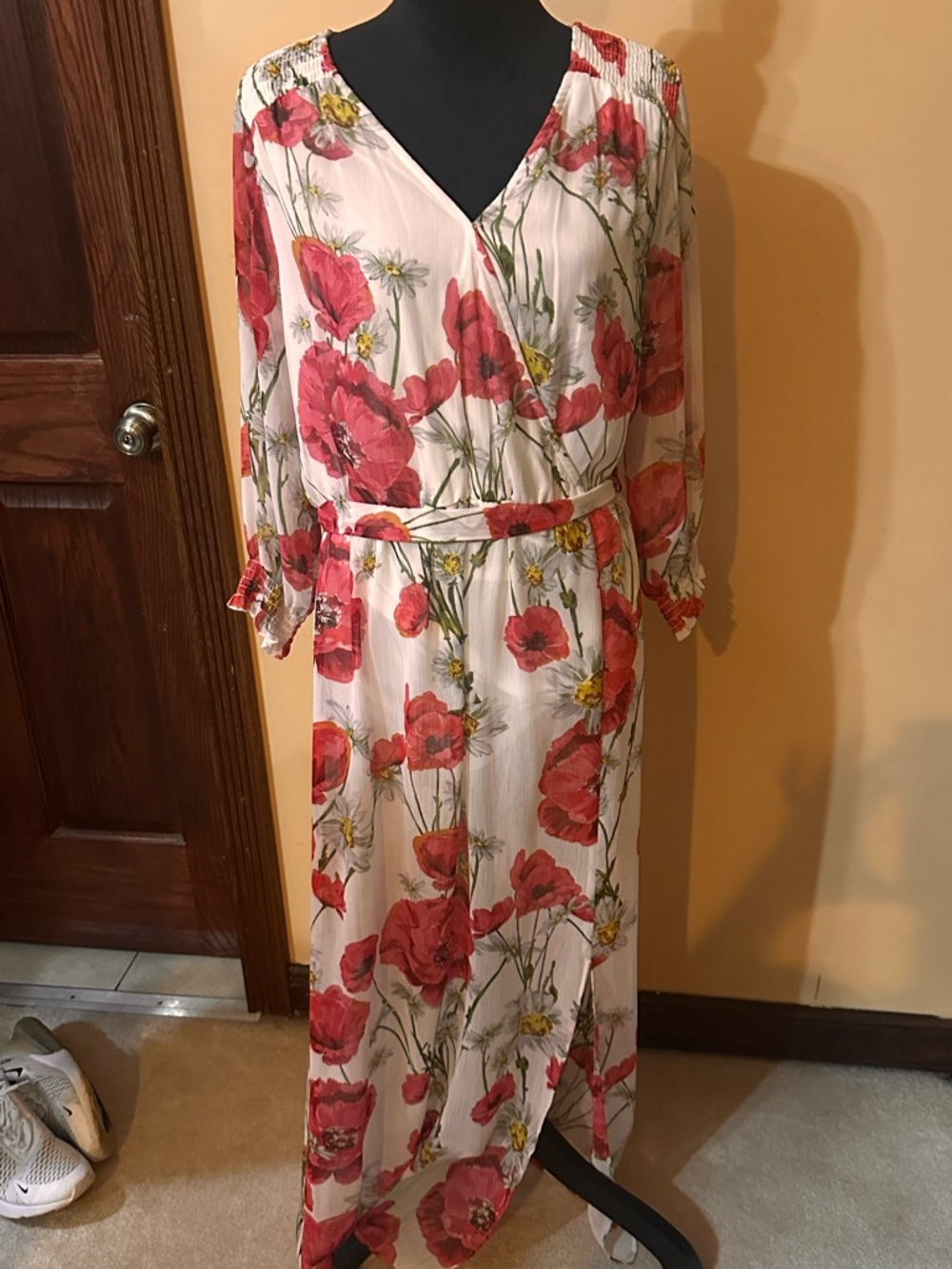 New York & Company Cream Maxi Dress with Red Floral Print